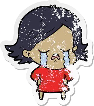 distressed sticker of a cartoon girl crying vector
