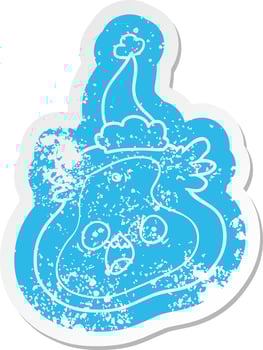 cartoon distressed sticker of a germ wearing santa hat vector