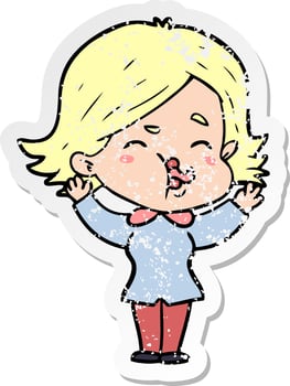 distressed sticker of a cartoon girl pulling face vector