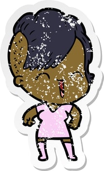 distressed sticker of a cartoon happy hipster girl vector