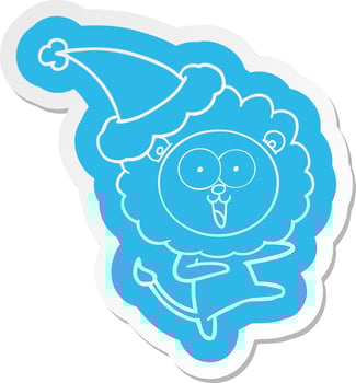 happy cartoon  sticker of a lion wearing santa hat vector