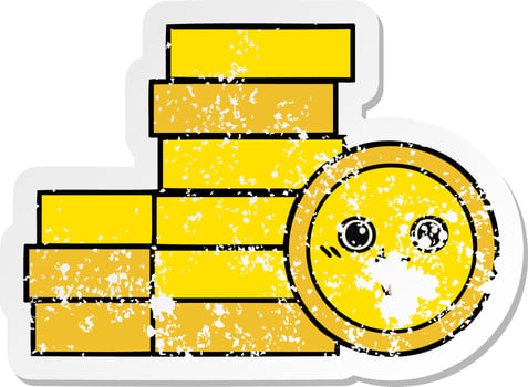 distressed sticker of a cute cartoon coins vector