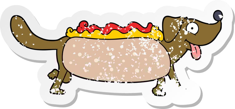 distressed sticker of a cartoon hotdog vector