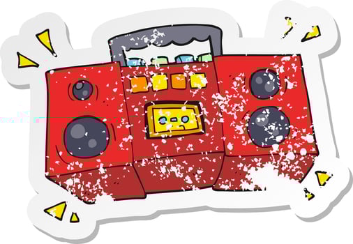 retro distressed sticker of a cartoon cassette tape player vector