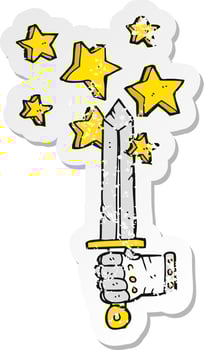 retro distressed sticker of a cartoon hand holding magic sword vector