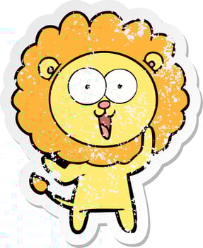distressed sticker of a happy cartoon lion vector