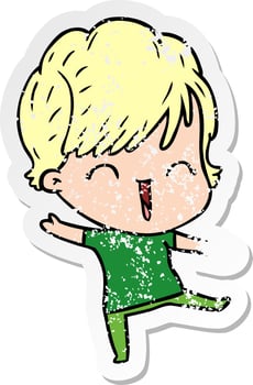 distressed sticker of a cartoon laughing woman vector