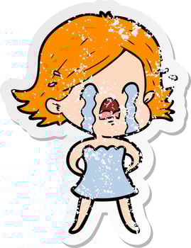 distressed sticker of a cartoon woman crying vector