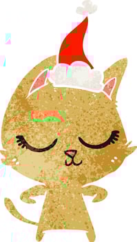calm retro cartoon of a cat wearing santa hat vector