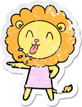 distressed sticker of a happy cartoon lion vector