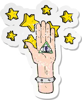 retro distressed sticker of a cartoon mystic eye hand symbol vector
