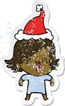 distressed sticker cartoon of a happy woman wearing santa hat vector