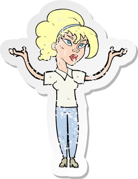 retro distressed sticker of a cartoon woman raising hands in air vector