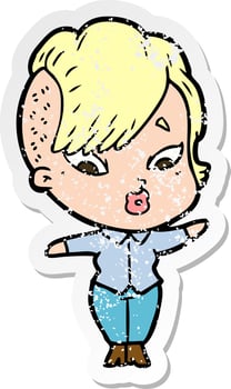 distressed sticker of a cartoon surprised girl vector