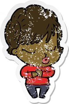 distressed sticker of a cartoon woman with eyes shut vector