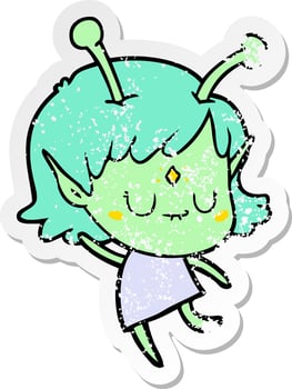distressed sticker of a cartoon alien girl vector