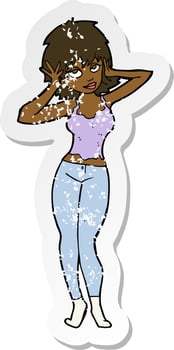 retro distressed sticker of a cartoon pretty woman vector