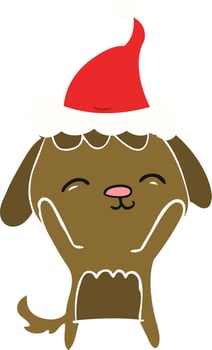 happy flat color illustration of a dog wearing santa hat vector
