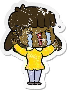distressed sticker of a cartoon woman in tears vector