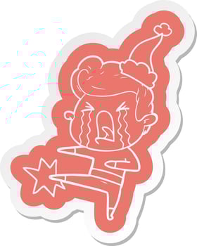 cartoon  sticker of a crying man wearing santa hat vector