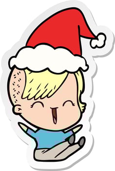 sticker cartoon of a happy hipster girl wearing santa hat vector