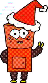 happy comic book style illustration of a robot waving hello wearing santa hat vector