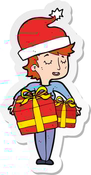 sticker of a cartoon woman with gifts vector