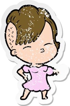 distressed sticker of a cartoon squinting girl pointing vector