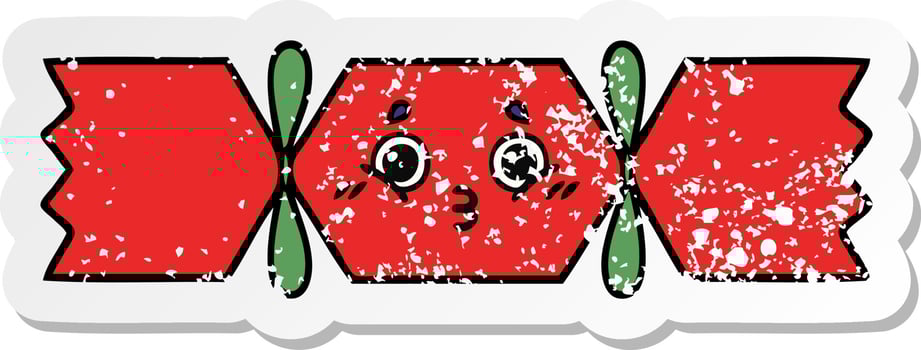 distressed sticker of a cute cartoon christmas cracker vector