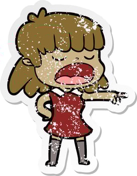distressed sticker of a cartoon woman talking loudly vector