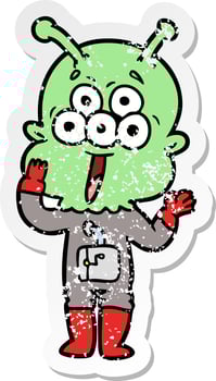 distressed sticker of a happy cartoon alien vector