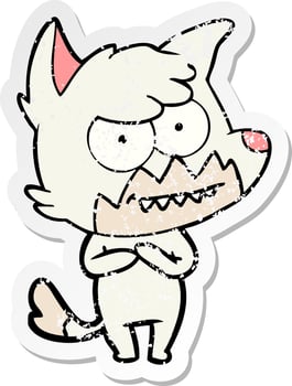distressed sticker of a cartoon grinning fox vector