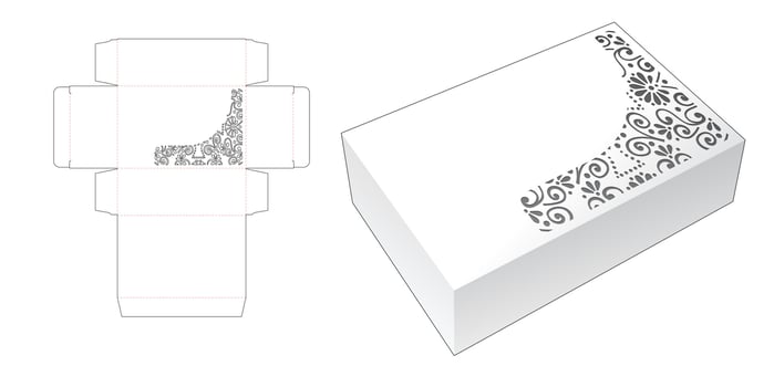 Box with stenciled pattern die cut template and 3D mockup vector