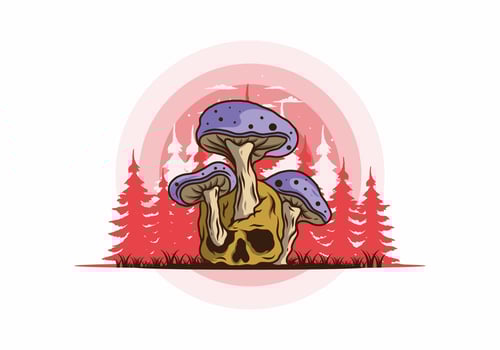 Mushroom growing on human skull illustration vector