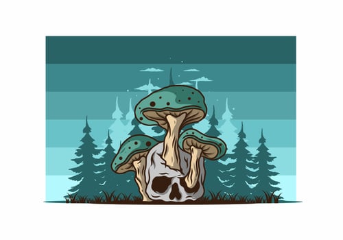 Mushroom growing on human skull illustration vector
