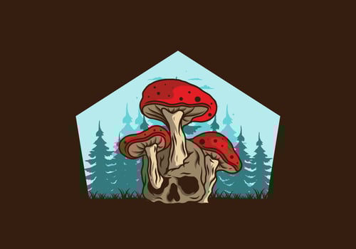 Mushroom growing on human skull illustration vector