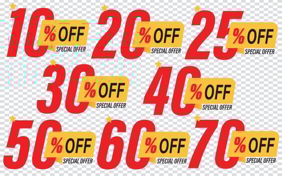Special offer discount label with different sale percentage. 10, 20, 30, 70, 50 percent off price reduction badge vector