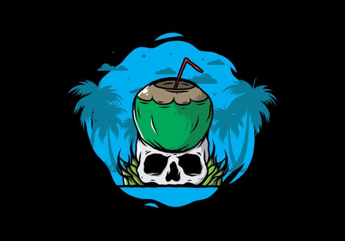 Coconut drink on human skull illustration vector