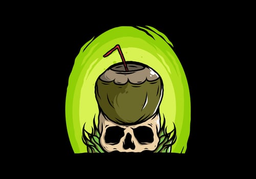 Coconut drink on human skull illustration vector
