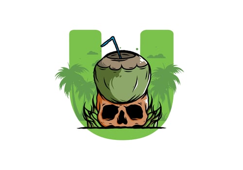 Coconut drink on human skull illustration vector