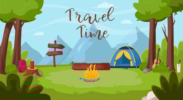 Summer landscape in the forest. Summertime camping, hiking, camper, adventure time concept. Flat vector illustration for poster, banner, flyer.