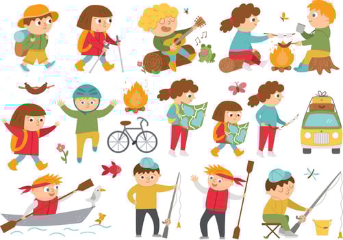 Cute hiking kids doing summer activities. Vector summer camp set. Camping, fishing, rafting, trekking children collection. Outdoor nature tourism icons pack. Woodland travel tourists