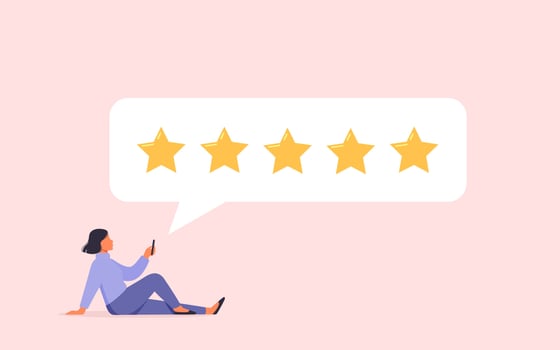 Woman character giving five star feedback on smartphone. Client evaluating product, service. Customer satisfaction assessment concept. vector