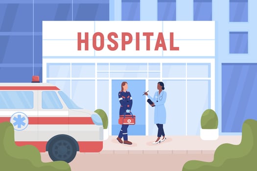 Doctors near hospital building on street flat color vector illustration