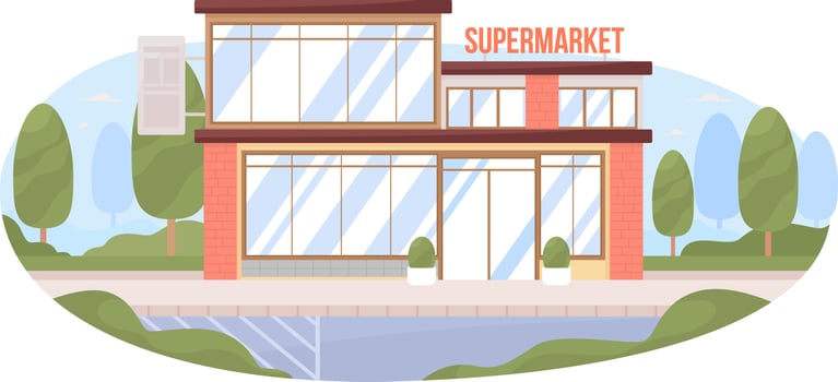 Supermarket building with glass facade 2D vector isolated illustration