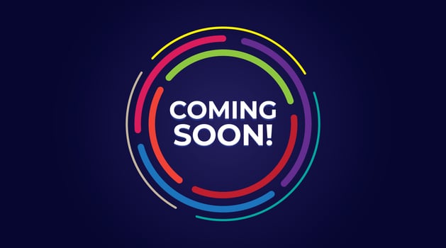 Coming soon. Abstract neon background with colorful circles. Promotion banner sign. New product release symbol. Offer neon banner. Coming soon badge. Dark blue background with colorful circles vector