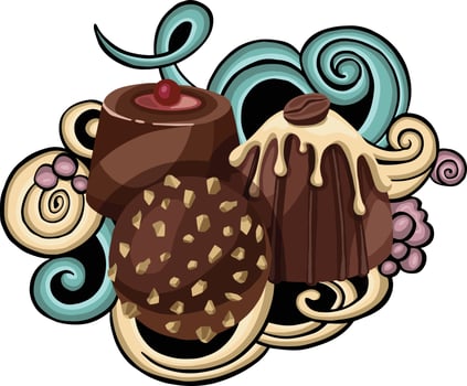 Watercolor set of dessert. Chocolate, candy and cake. vector