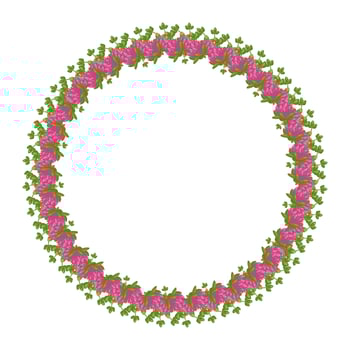 Wreath of pink clover flowers. Round frame, cute bright plant with shamrock leaves. Festive decorations for wedding, holiday, postcard, poster and design. Vector flat illustration