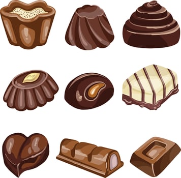 Wide selection of chocolate sweets of various forms with different fillings and toppings. Isolated images. vector