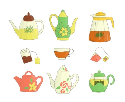 Teapot icon set. Bright tea pot vector illustration. Colored kettles isolated on white background. Doodle style kitchen equipment collection